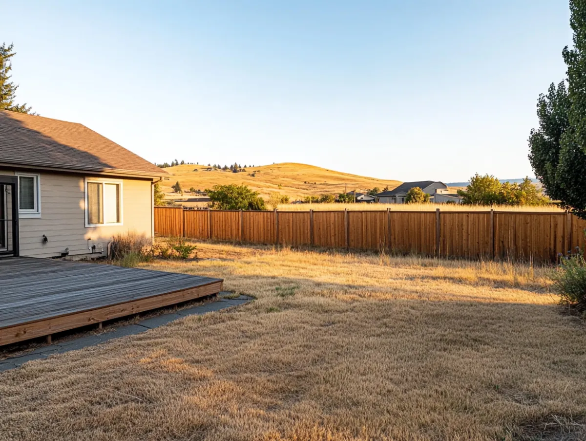 Cedar fence and wood deck behind a home in Medford, Oregon